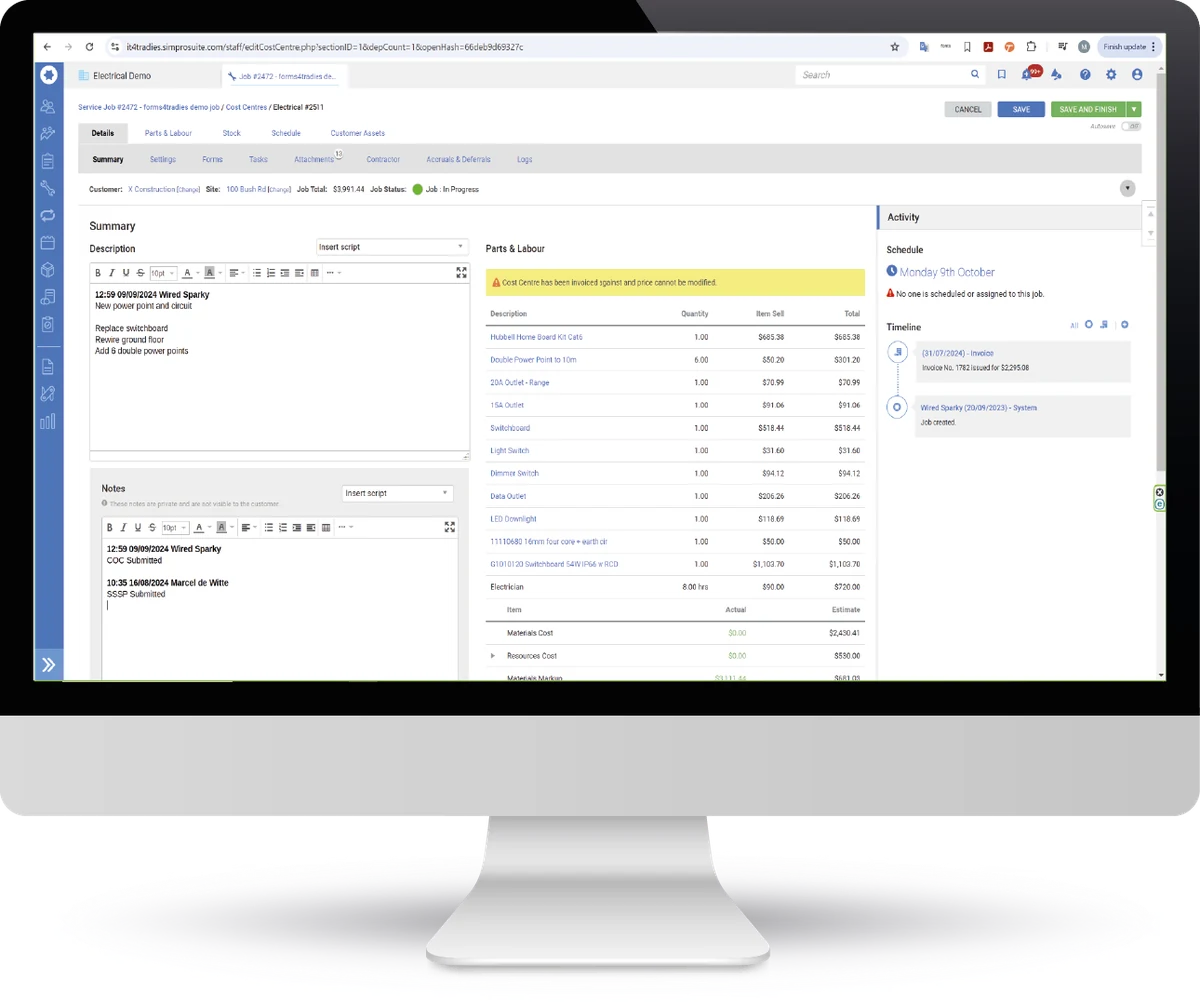 forms4tradies job form pre-populated with Simpro job data, shown on a desktop screen