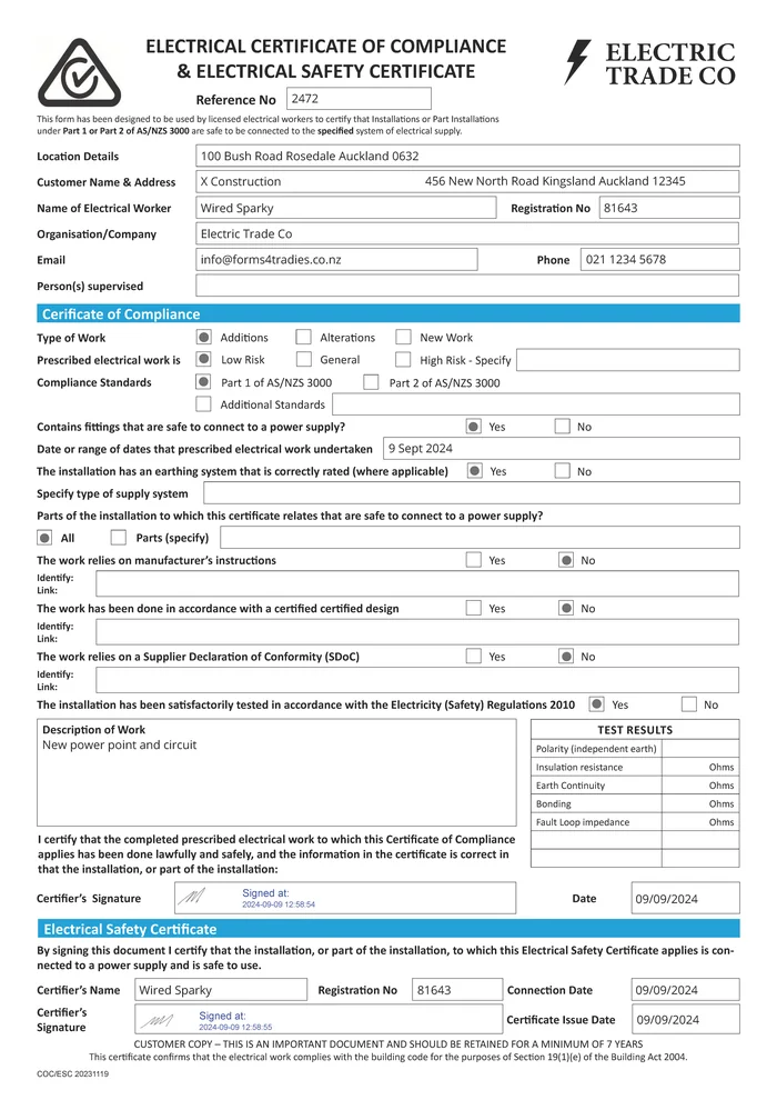 Completed electrical certificate of compliance and electrical safety certificate, generated as a PDF