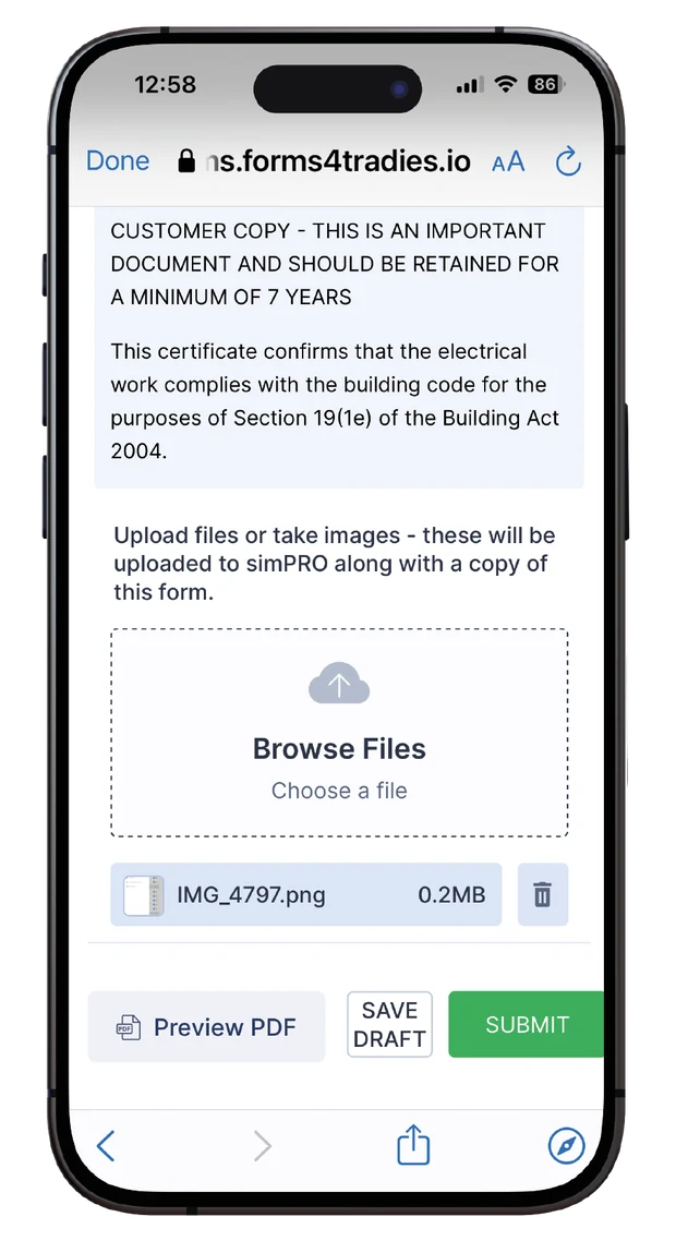 Attach files and photos to a form, then preview PDF, save draft or submit