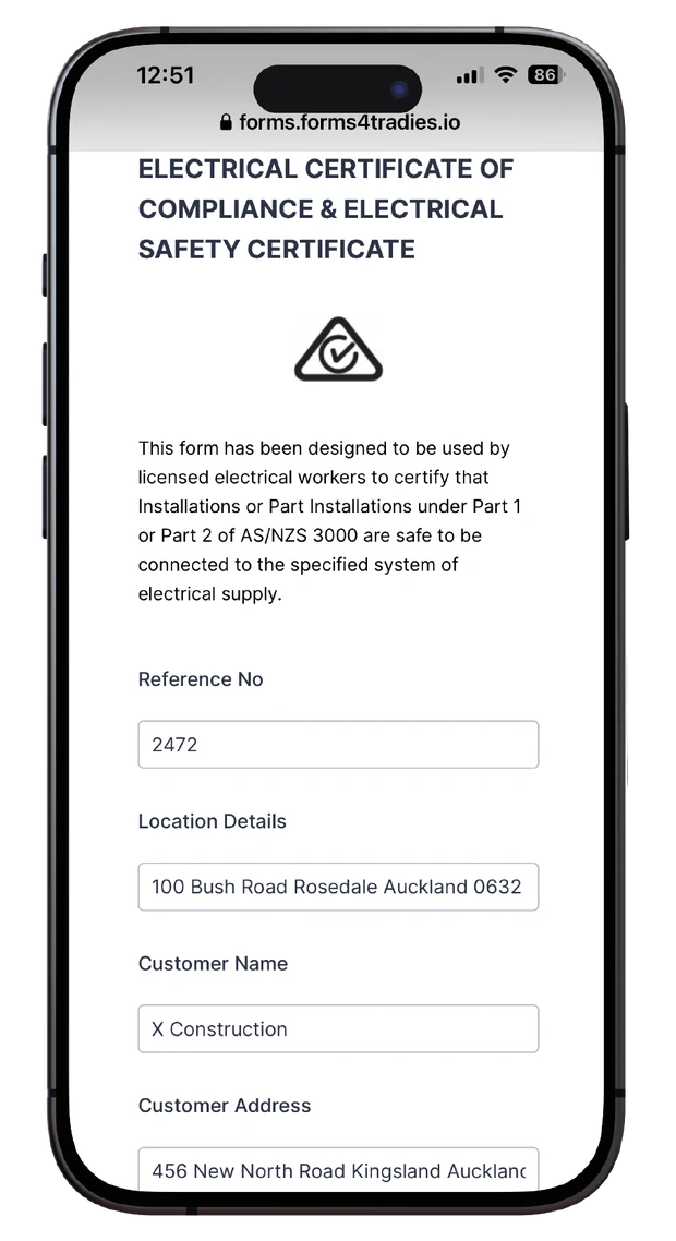Electrical certificate of compliance form ready to fill in on a phone