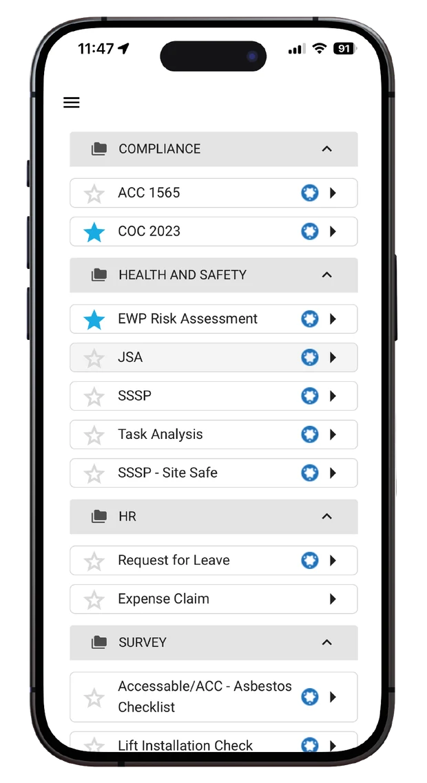Forms grouped by category: Compliance, Health and Safety, HR, Survey