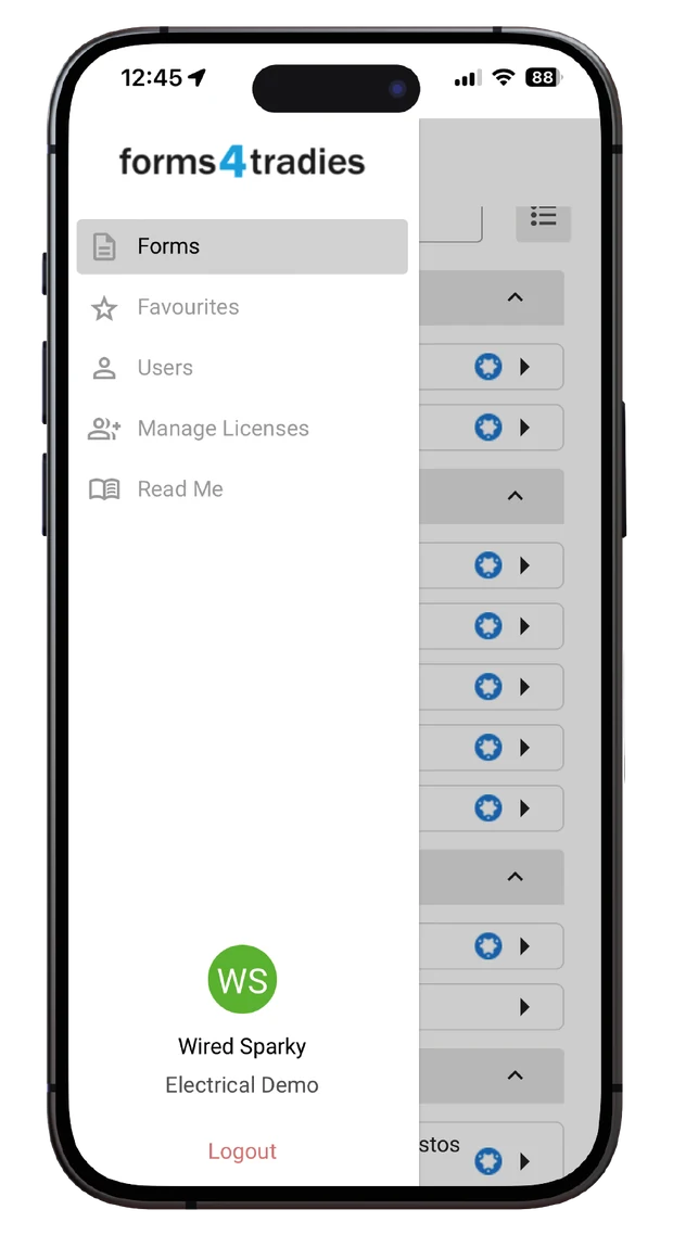 App navigation drawer with Forms, Favourites, Users and Manage Licenses