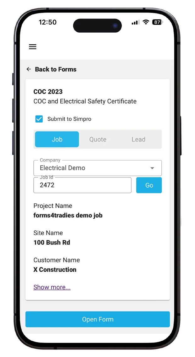 Form pre-filled from a Simpro job number, showing project, site and customer name