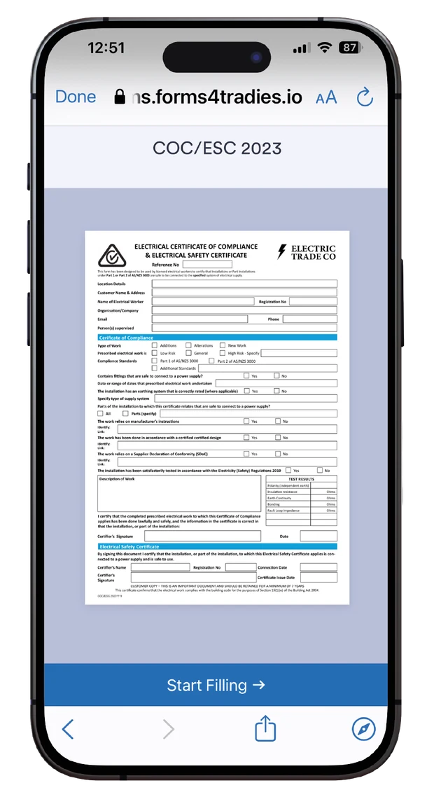 COC/ESC 2023 form landing screen with a Start Filling button